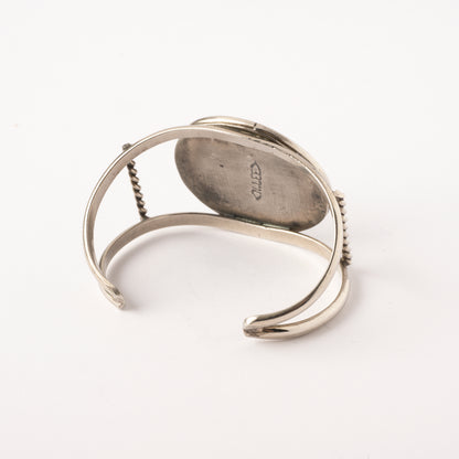 Vintage Sterling Silver Wire Cuff Bracelet with Turquoise and Mother-of-Pearl Inlay