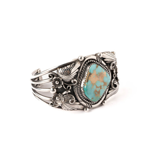 Vintage Sterling Silver Cuff Bracelet with Applique Silverwork and set with a Large Turquoise Stone and Five Square Turquoise Stones (Copy)