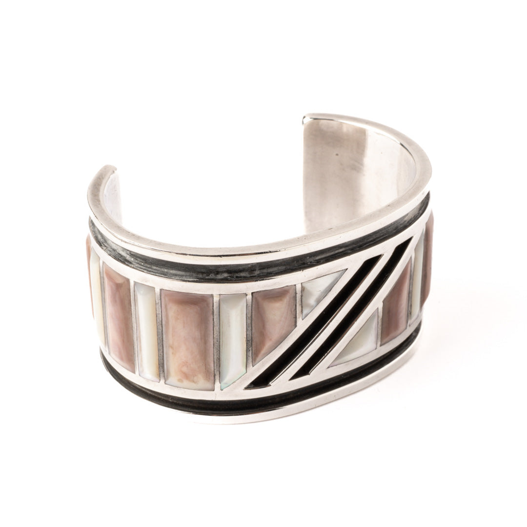 Vintage Sterling Silver Bracelet with Pink and White Shell Inlay