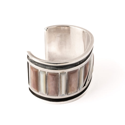 Vintage Sterling Silver Bracelet with Pink and White Shell Inlay