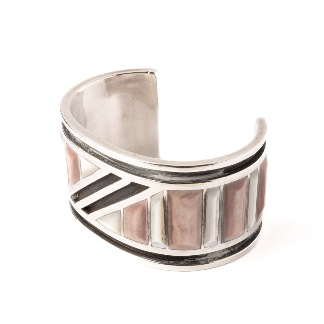 Vintage Sterling Silver Bracelet with Pink and White Shell Inlay