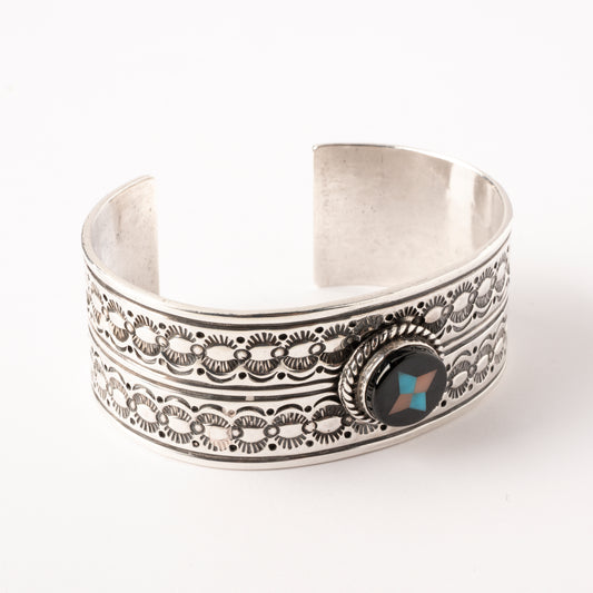 Vintage Sterling Silver Stamped Cuff Bracelet with Inlay