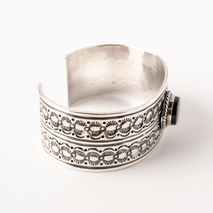 Vintage Sterling Silver Stamped Cuff Bracelet with Inlay