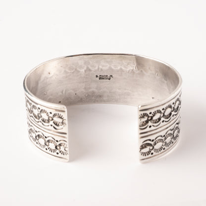 Vintage Sterling Silver Stamped Cuff Bracelet with Inlay