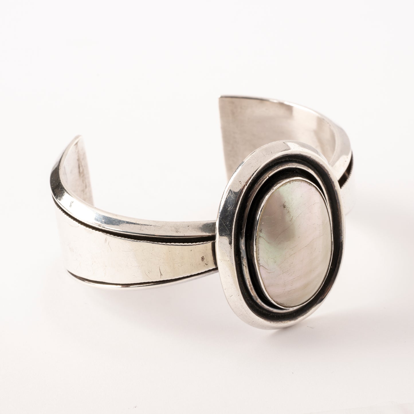 Vintage, Sterling Silver Cuff Bracelet with a Large Oval Piece of Mother-of-Pearl