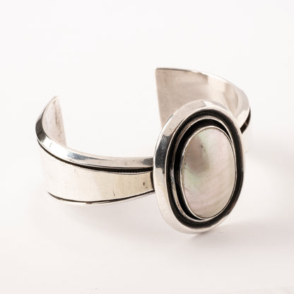 Vintage, Sterling Silver Cuff Bracelet with a Large Oval Piece of Mother-of-Pearl