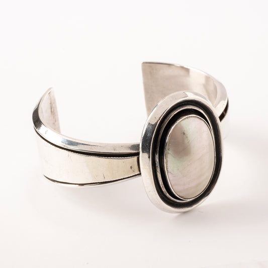 Vintage, Sterling Silver Cuff Bracelet with a Large Oval Piece of Mother-of-Pearl