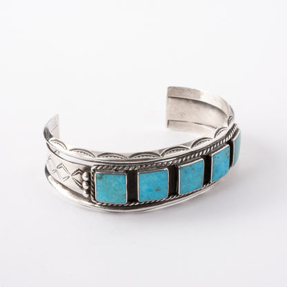 Vintage Sterling Silver Cuff Bracelet with Stampwork and Five Square Turquoise Stones