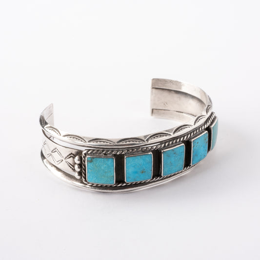 Vintage Sterling Silver Cuff Bracelet with Stampwork and Five Square Turquoise Stones