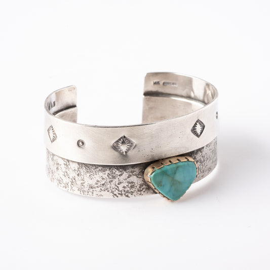 Vintage Sterling Silver Cuff Bracelet with Turquoise Stone set with 14K Gold Bezel