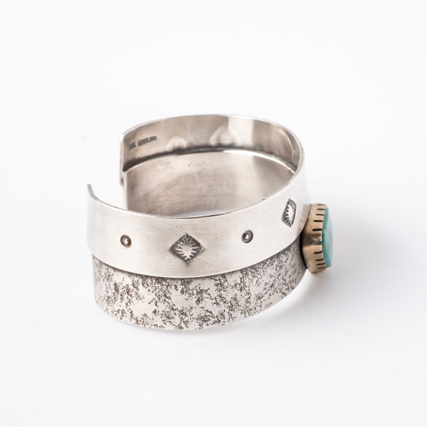 Vintage Sterling Silver Cuff Bracelet with Turquoise Stone set with 14K Gold Bezel