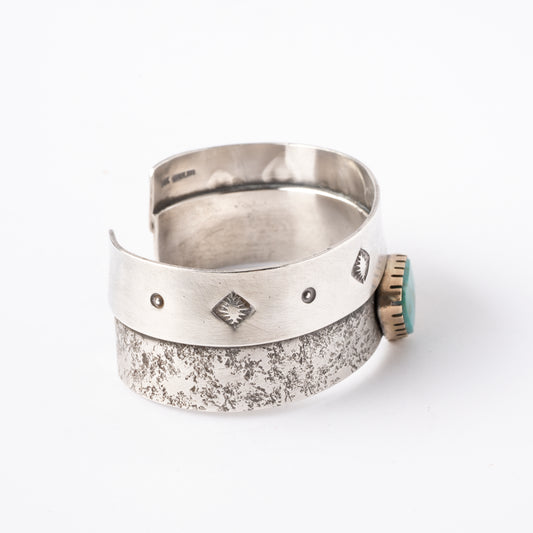 Vintage Sterling Silver Cuff Bracelet with Turquoise Stone set with 14K Gold Bezel