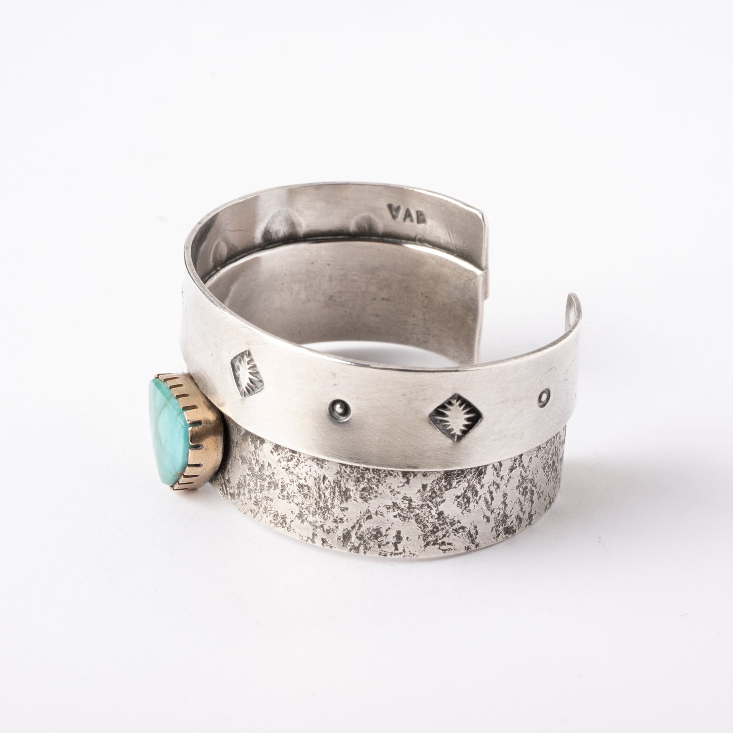 Vintage Sterling Silver Cuff Bracelet with Turquoise Stone set with 14K Gold Bezel