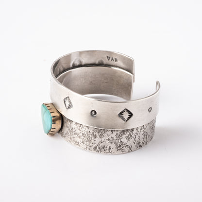 Vintage Sterling Silver Cuff Bracelet with Turquoise Stone set with 14K Gold Bezel