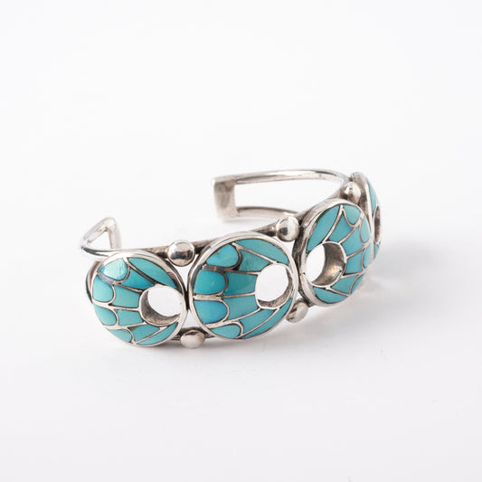 Vintage Sterling Silver, Wire Cuff Bracelet with Four Panels of Turquoise Inlay