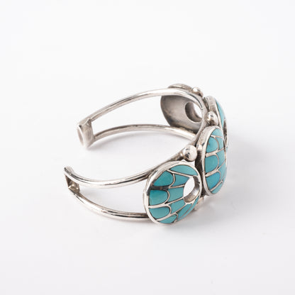 Vintage Sterling Silver, Wire Cuff Bracelet with Four Panels of Turquoise Inlay