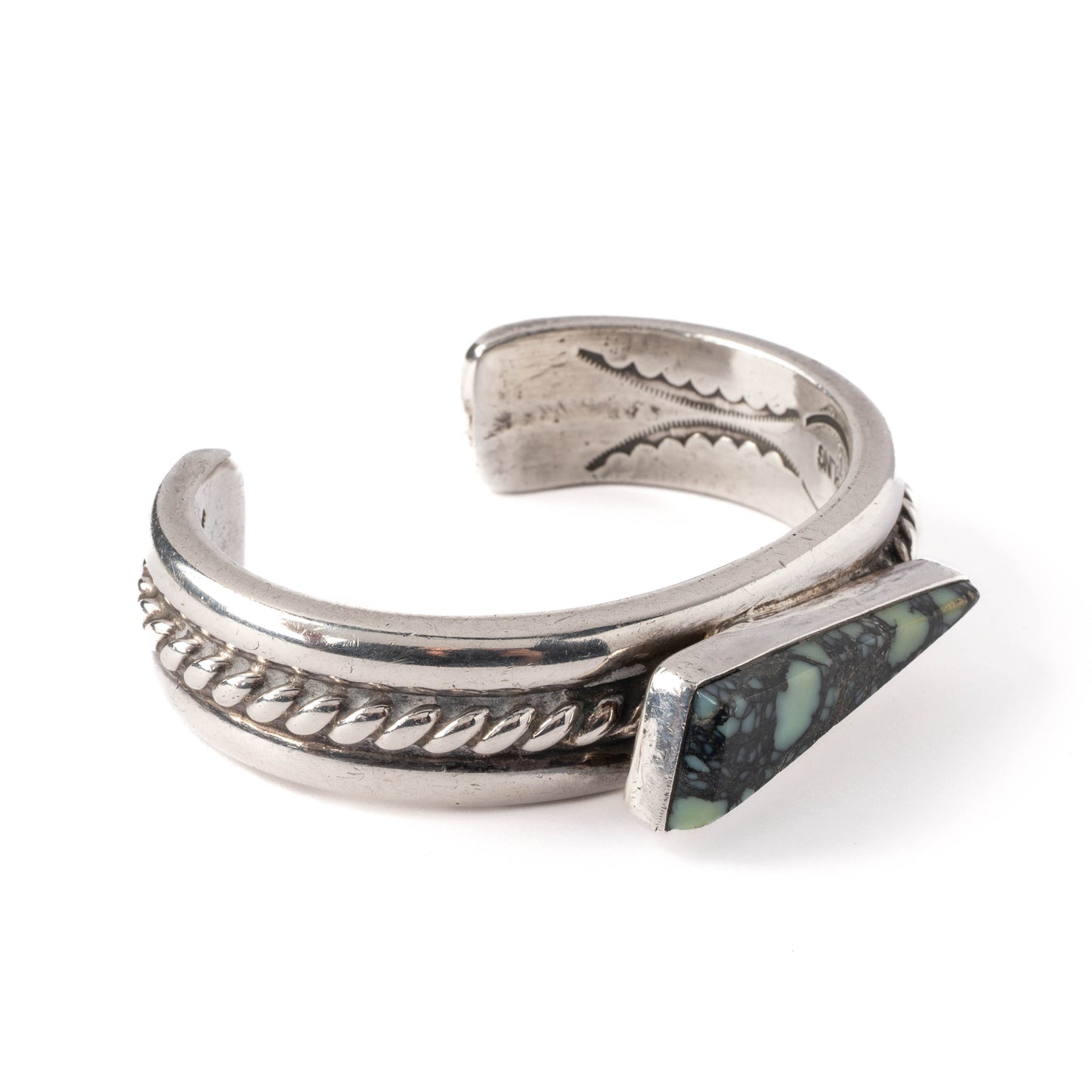 Heavy Vintage Sterling Silver Cuff Bracelet with Triangle-Shaped Turquoise Stone