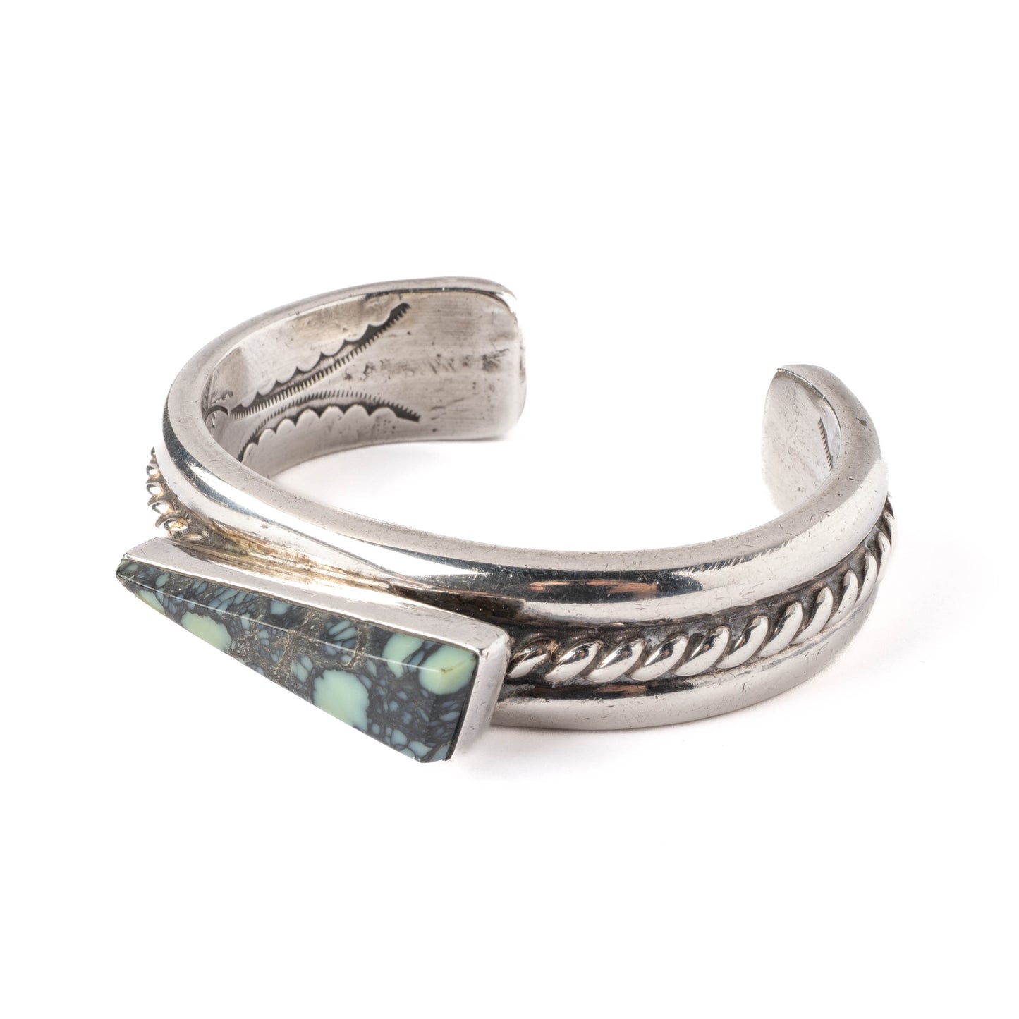 Heavy Vintage Sterling Silver Cuff Bracelet with Triangle-Shaped Turquoise Stone