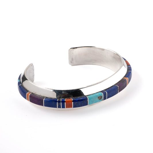 Vintage Sterling Silver Multicolor Channel Inlay Cuff Bracelet