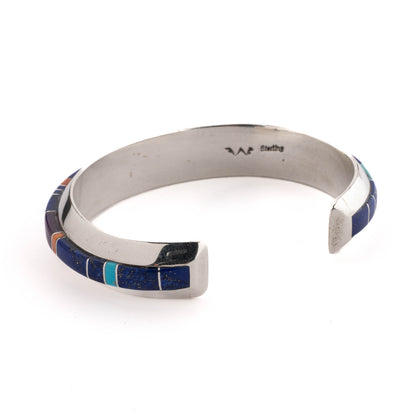 Vintage Sterling Silver Multicolor Channel Inlay Cuff Bracelet