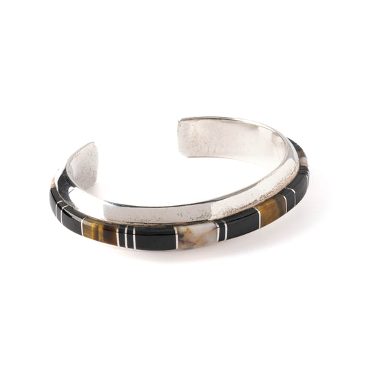 Vintage Sterling Silver Multicolor Channel Inlay Cuff Bracelet