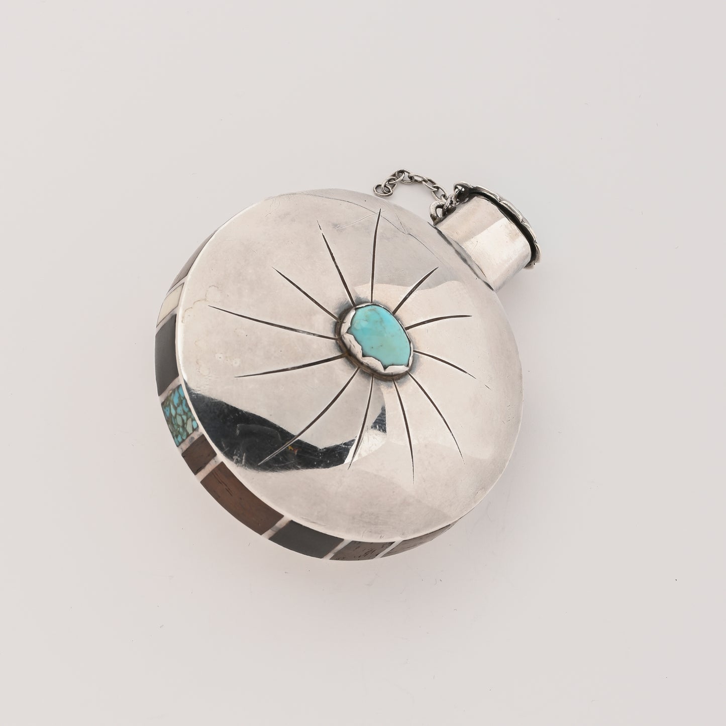 Vintage Sterling Silver Tobacco Canteen with Turquoise and Inlay