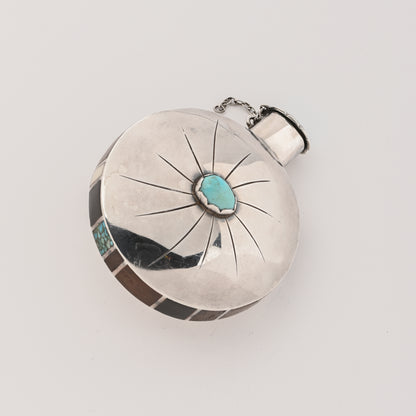 Vintage Sterling Silver Tobacco Canteen with Turquoise and Inlay