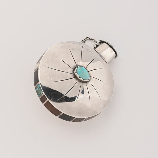 Vintage Sterling Silver Tobacco Canteen with Turquoise and Inlay