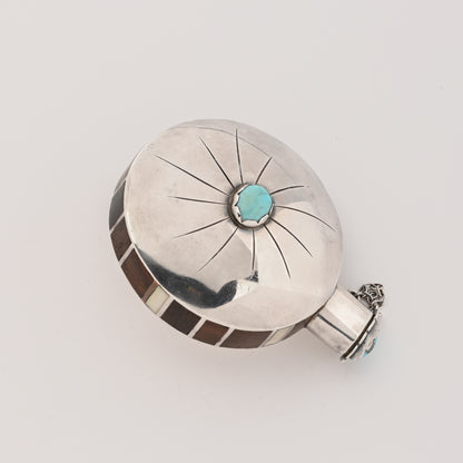 Vintage Sterling Silver Tobacco Canteen with Turquoise and Inlay