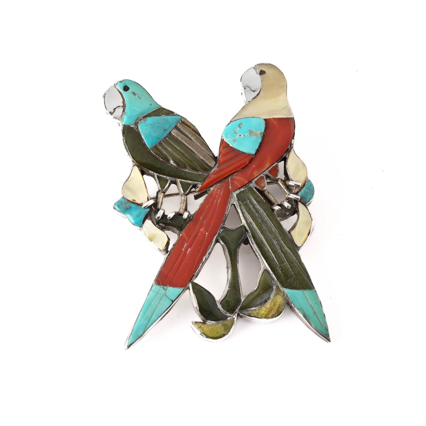 Vintage sterling silver, inlay pin of two parrots
