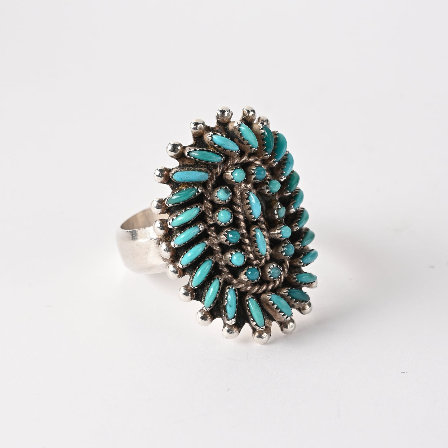 Vintage Sterling Silver, Needlepoint and Petit Point Turquoise Ring