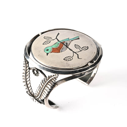 Vintage Sterling Silver, Inlay and set-stone bracelet with rotating bracelet face