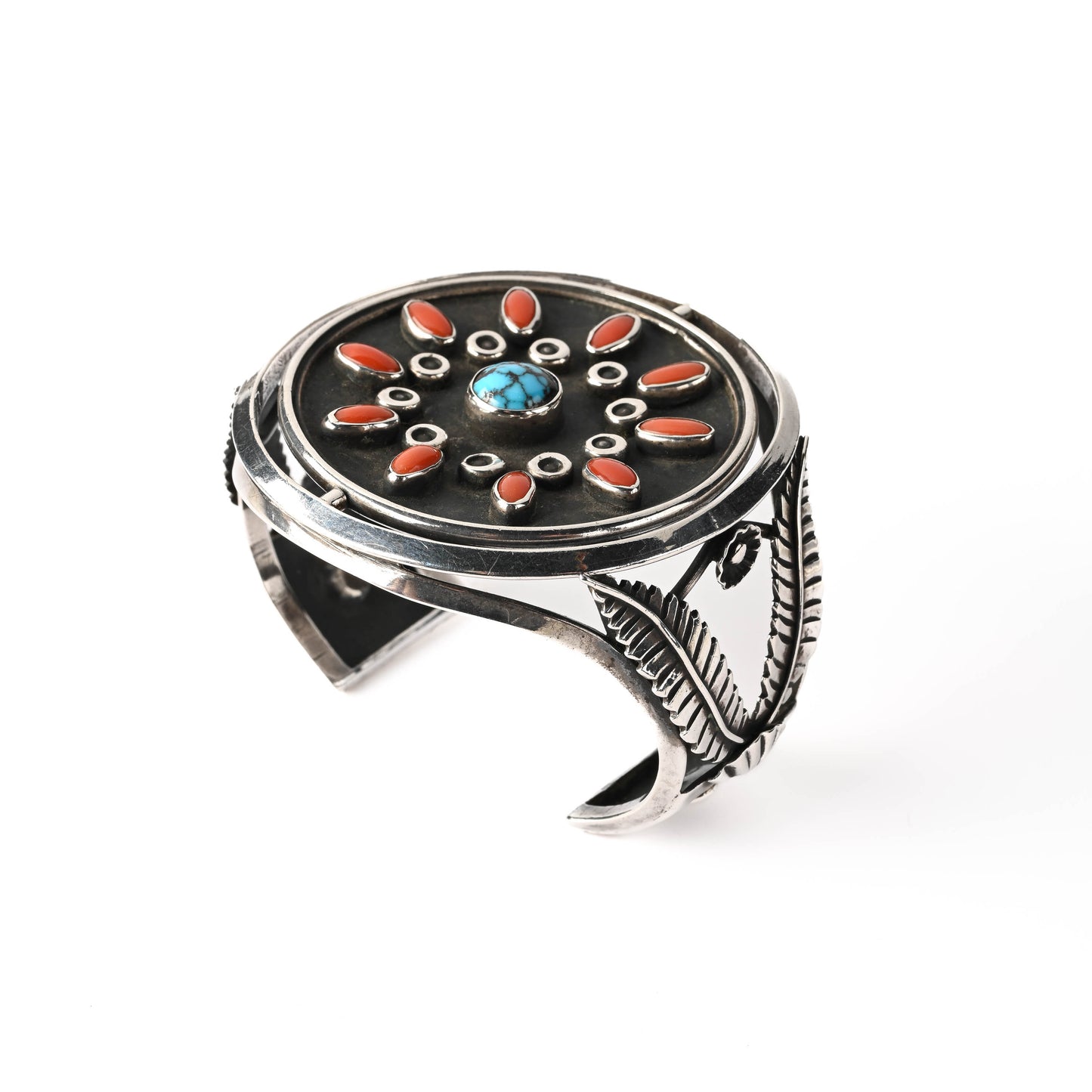Vintage Sterling Silver, Inlay and set-stone bracelet with rotating bracelet face