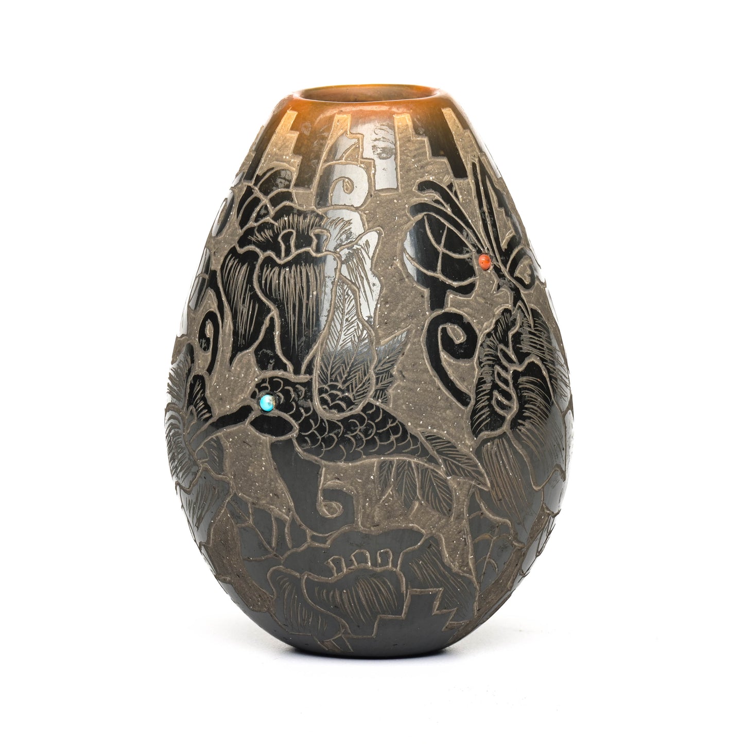 Hand-Coiled, Clay Pot with Sgraffito Hummingbirds