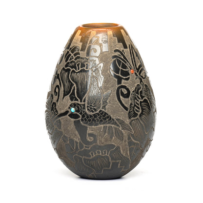 Hand-Coiled, Clay Pot with Sgraffito Hummingbirds