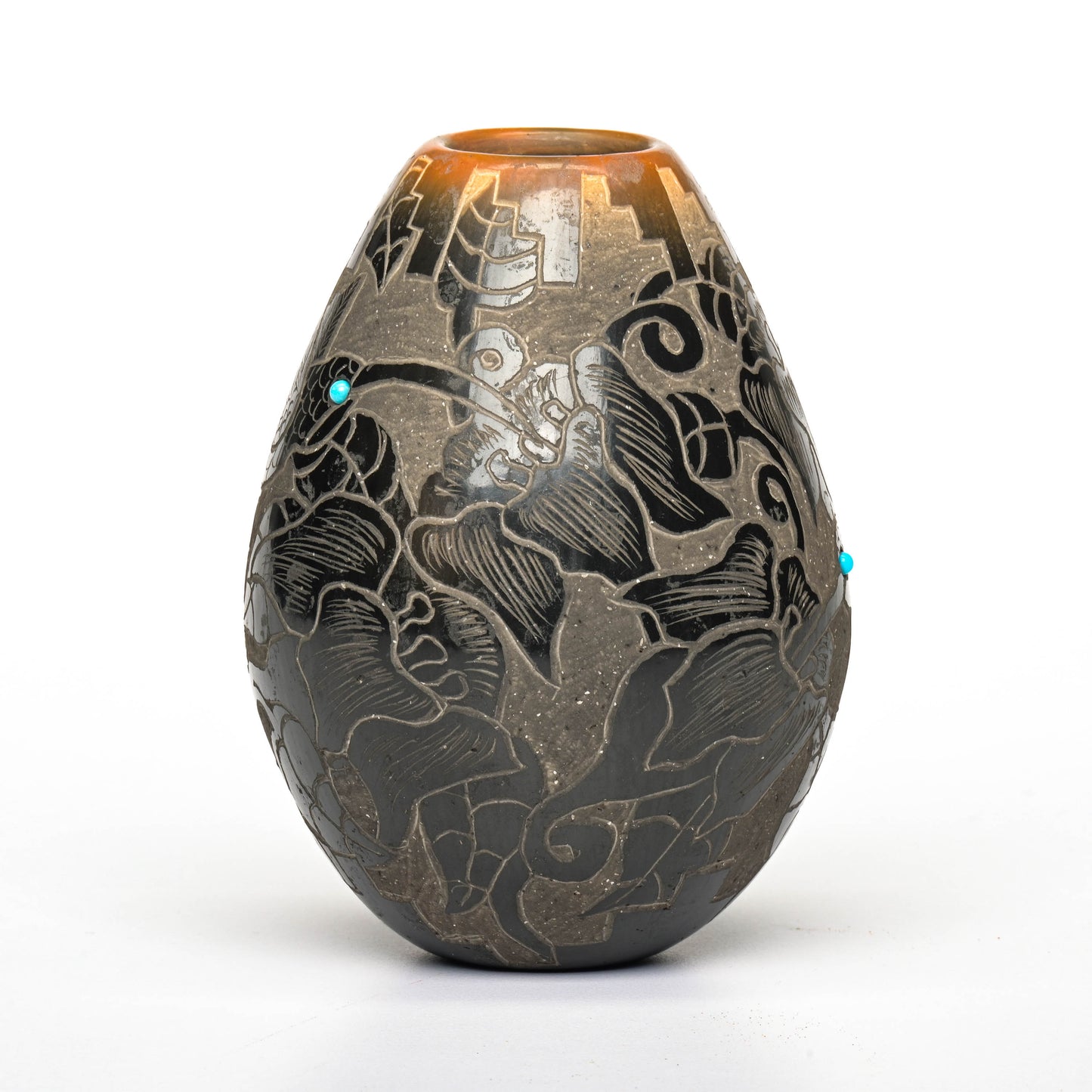 Hand-Coiled, Clay Pot with Sgraffito Hummingbirds
