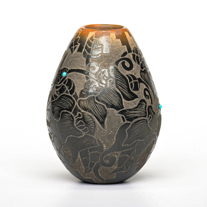 Hand-Coiled, Clay Pot with Sgraffito Hummingbirds