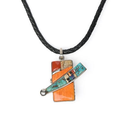 Inlaid, Reversible Comet Pendant with a Small Side Pendant, on a Leather Lanyard