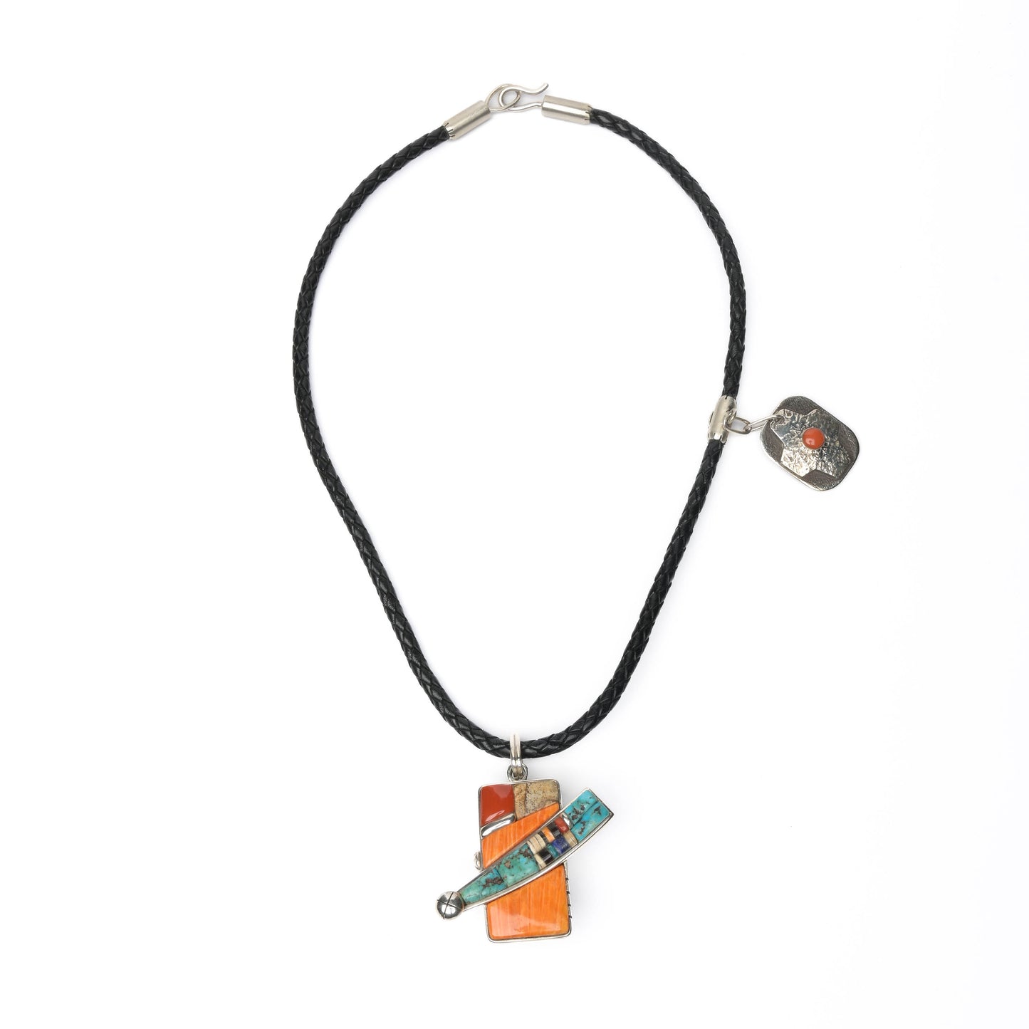 Inlaid, Reversible Comet Pendant with a Small Side Pendant, on a Leather Lanyard