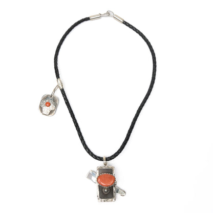 Inlaid, Reversible Comet Pendant with a Small Side Pendant, on a Leather Lanyard