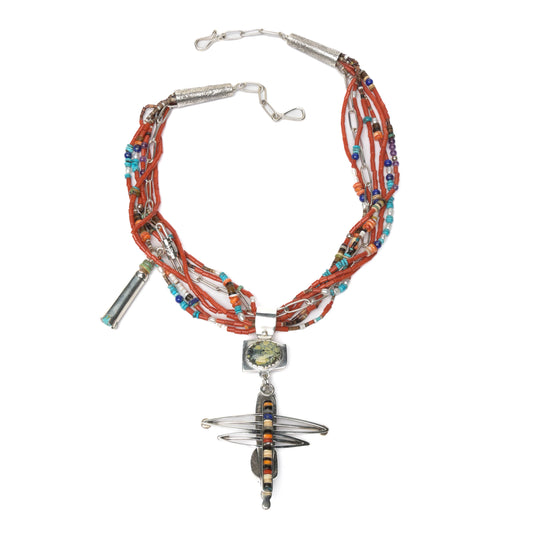 Multi-stranded Coral Necklace with Dragonfly Pendant