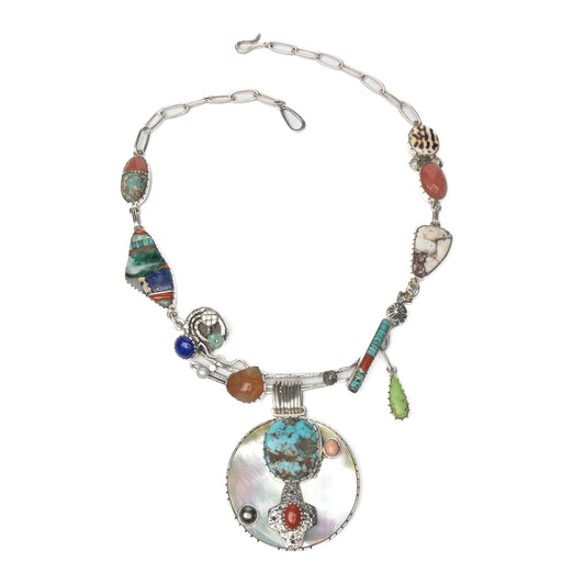 Sterling Silver Chain Necklace with Large Mother-of-Pearl Medallion