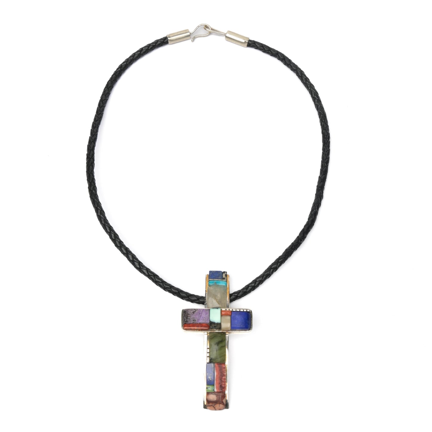 Inlaid, Sterling Silver Cross on a Leather Lanyard