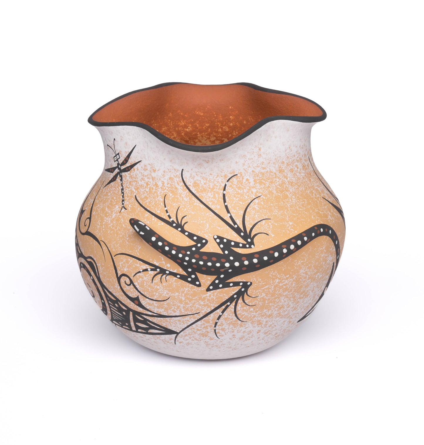 Hand-Coiled Polychrome Clay Pot With Applique Lizards and Dragonflies