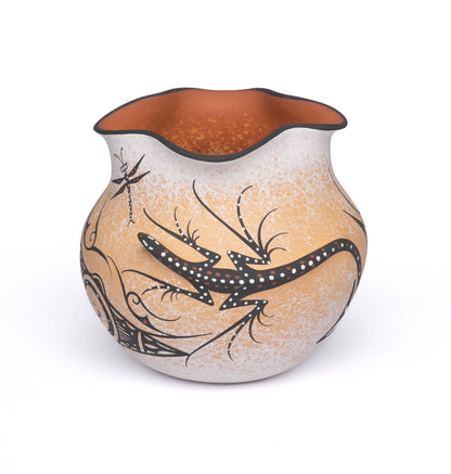 Hand-Coiled Polychrome Clay Pot With Applique Lizards and Dragonflies