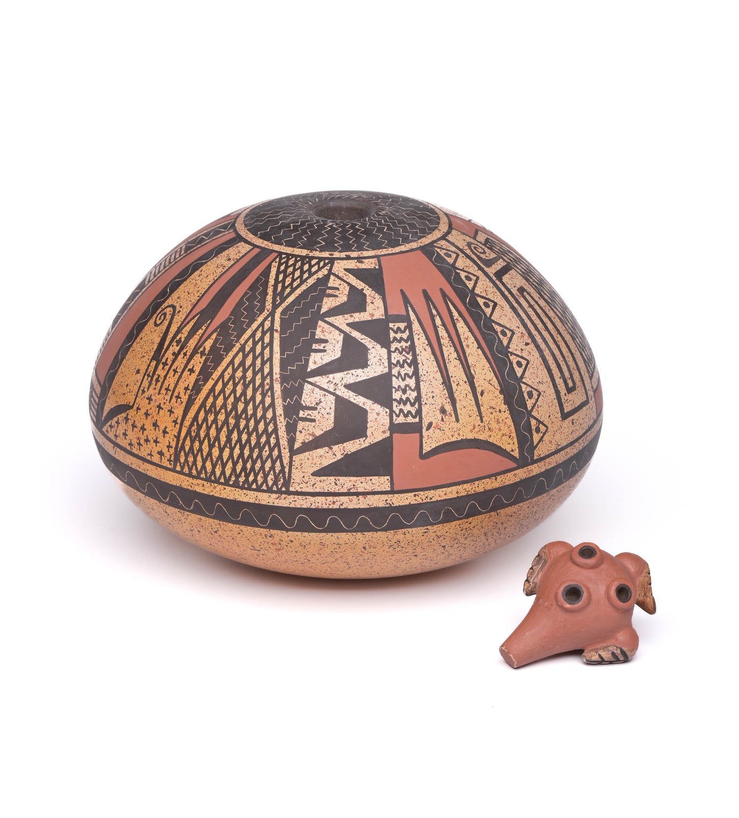 Medium-sized hand-coiled, Hopi-clay pot with Koyemsi (mudhead) stopper