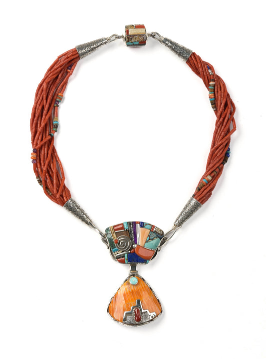 Coral Necklace with inlay and spiny oyster shell pendant