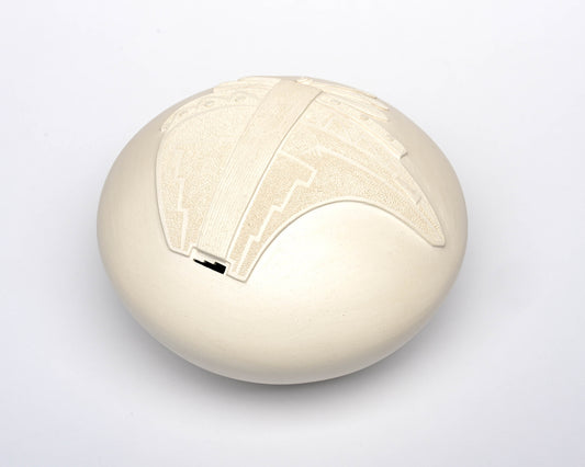 Acoma Pueblo, White Hand-coiled and Polished Clay Pot with Bear Applique'