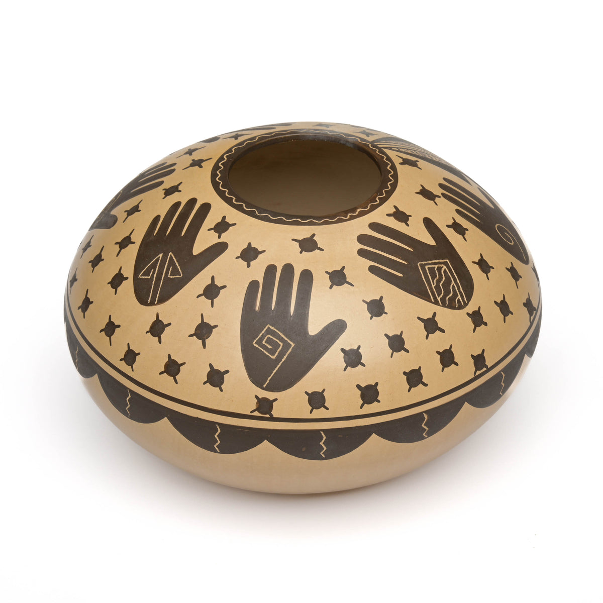 Hopi Hand-coiled, Black and Tan Handpainted Pot with Multiple Handprints