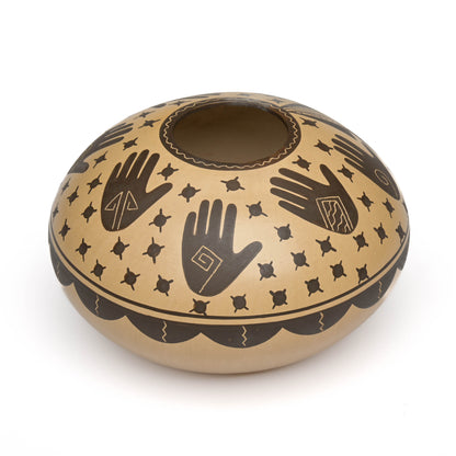 Hopi Hand-coiled, Black and Tan Handpainted Pot with Multiple Handprints
